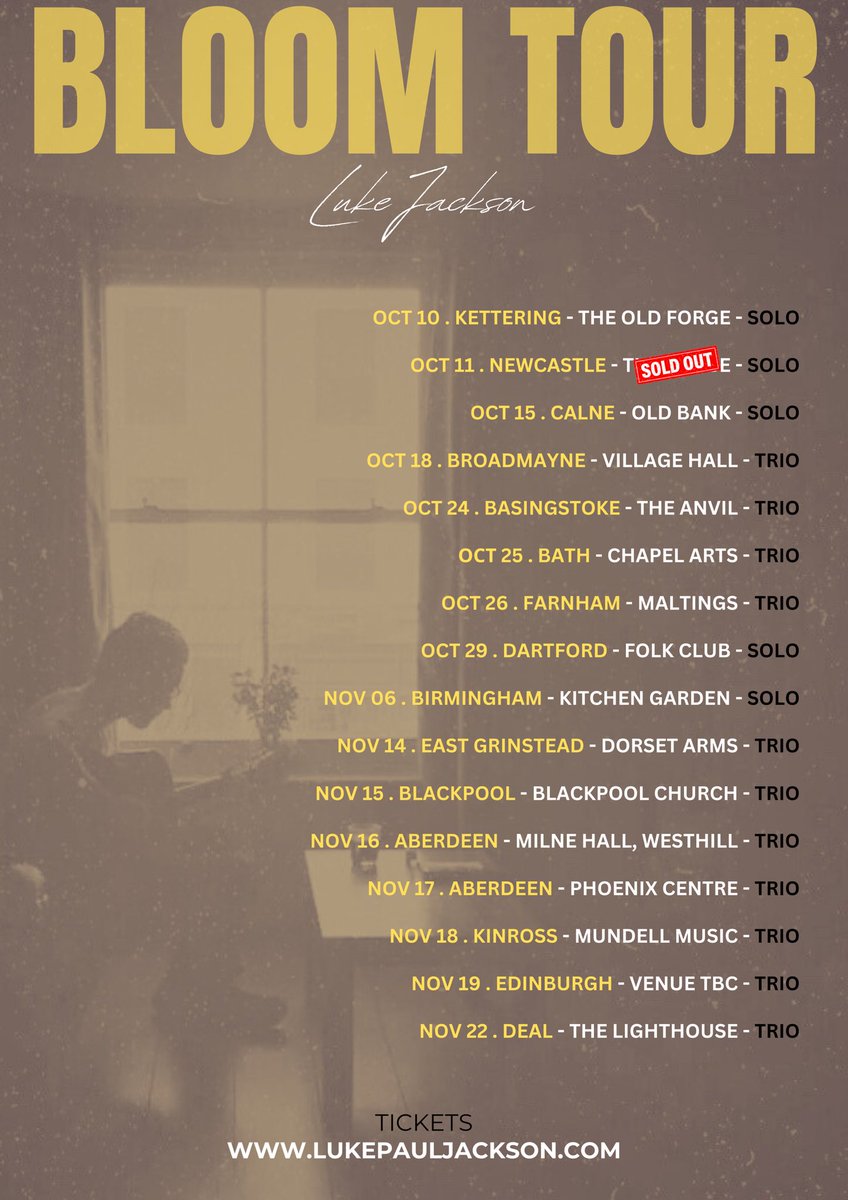 VERY exited to announce my NEW ALBUM titled ‘BLOOM’ will be released on Friday 22nd November 🎉🎉

If you want to get your hands on a SIGNED COPY AHEAD OF ITS RELEASE then the place to do that is at one of these shows below!! 

TICKETS &amp; INFO:
lukepauljackson.com/tour-dates