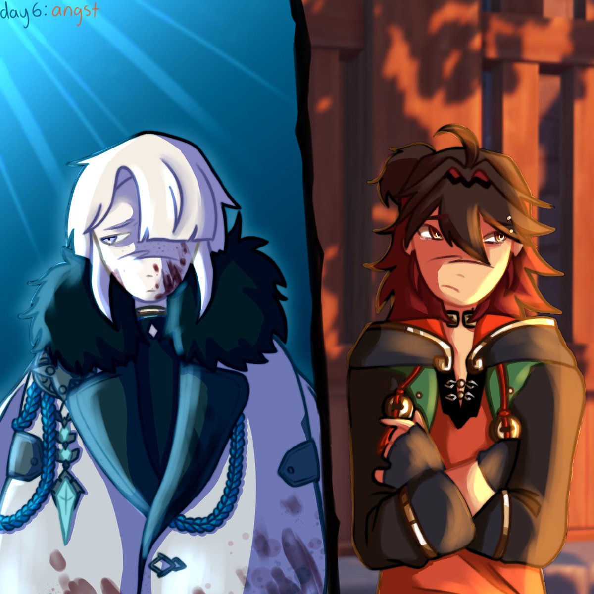 clockpunk_vsqx's tweet photo. #lionfishweek2024 first one is ass i didnt wanna do lineart but 2nd one 😛😛 (dont ask why frem is in the harbinger coat just pretend its a harbinger frem au or smthn i just really like the coat) #gaminet #freming #lionfish #GenshinImpact #Gaming #Freminet https://t.co/txgHZ02Z5S
