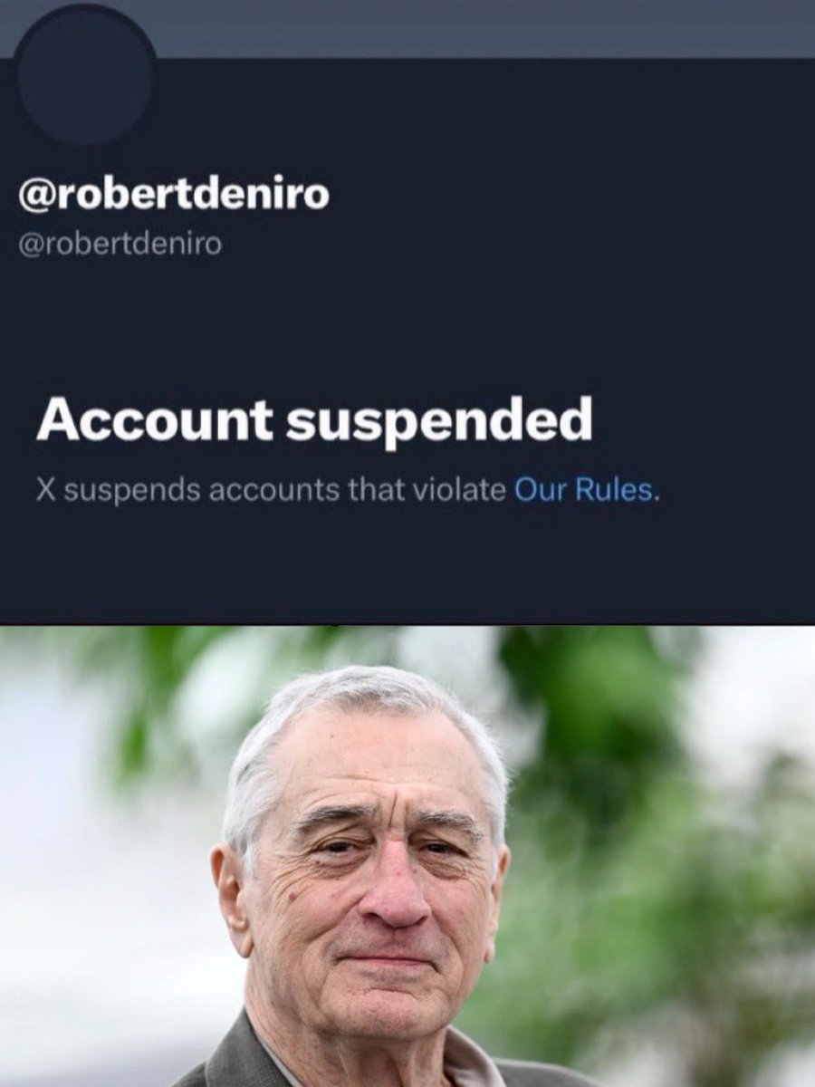 ConservBrief's tweet photo. Bye Bye Raging Bull!

Ultra-liberal and supreme Trump-hater Robert DeNiro has been suspended from @X for issuing violent threats against Donald Trump and his supporters.

Do you feel this was the right decision?

#RobertDeNiro #X #DonaldTrump #Suspension https://t.co/RpZpy94Liz