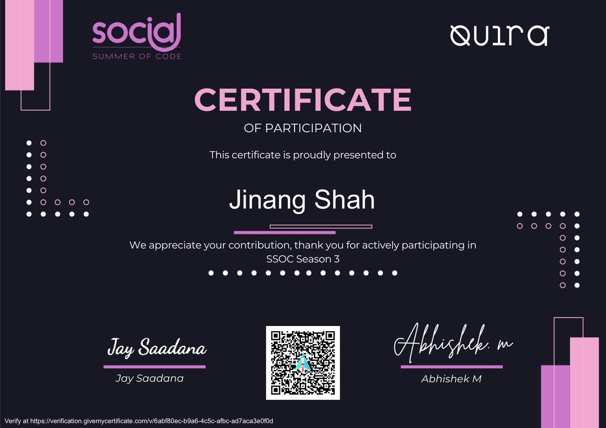 Jinang26's tweet photo. 🌟 Proud to Share! 🌟

I'm thrilled to have received my participation certificate for the Social Summer of Code! This journey has been an incredible learning experience, allowing me to contribute to impactful open-source projects while honing my coding skills.
#OpenSource https://t.co/NzbEm8qCqH