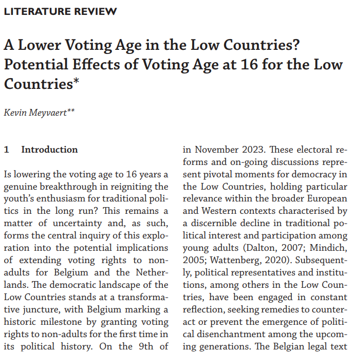Kevin Meyvaert (@kevmey96) on Twitter photo 📄New Publication
In light of Belgium's decision to lower the voting age to 16 for the European elections, got the opportunity to provide a review of potential effects and best practices from other European countries in <a href="/PolLowCountries/">Politics of the Low Countries</a>.
 🔗: elevenjournals.com/tijdschrift/PL… 📄New Publication
In light of Belgium's decision to lower the voting age to 16 for the European elections, got the opportunity to provide a review of potential effects and best practices from other European countries in <a href="/PolLowCountries/">Politics of the Low Countries</a>.
 🔗: elevenjournals.com/tijdschrift/PL…