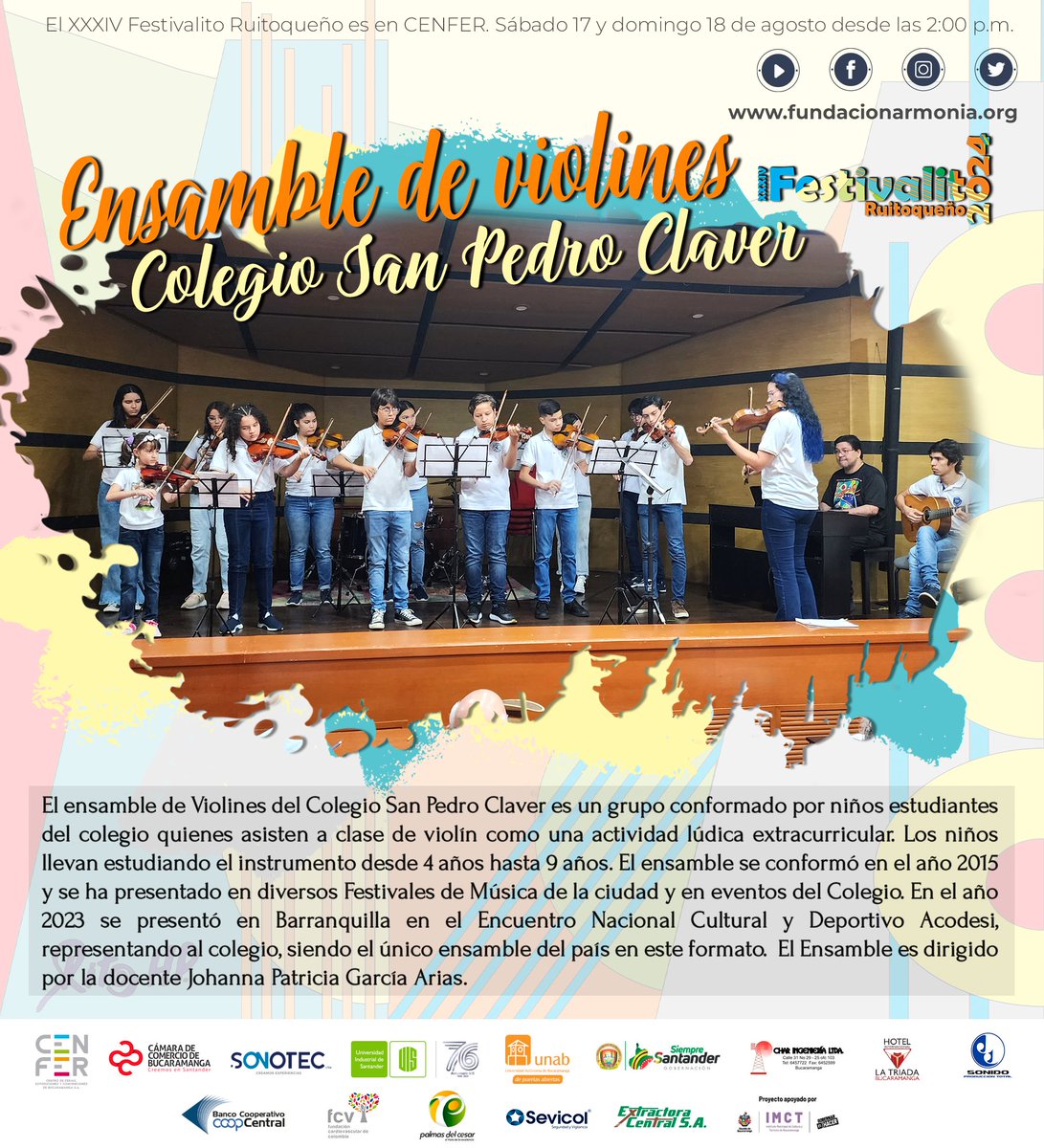 Elfestivalitoo's tweet photo. #Festivalito2024 
El trabajo del Ensamble de Violines del Colegio San Pedro Claver estará hoy en la edición XXXIV del Festivalito Ruitoqueño.

¡Los esperamos!
Hoy domingo desde las 2:00 p. m. 
Boletas en la taquilla de #CENFER https://t.co/W2MqBr7np2