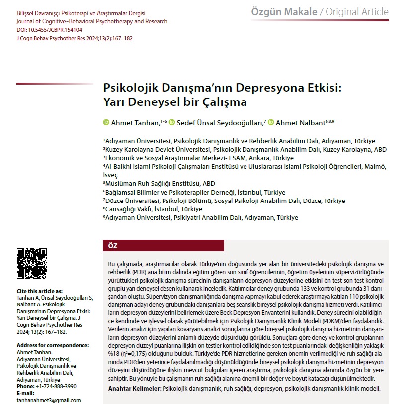 Tanhan ve arkadaşlarının (2024) yarı deneysel araştırmasında PDR son sınıf öğrencilerinin gerçekleştirdikleri 5 seanslık psikolojik danışma süreci deney grubundaki katılımcıların depresyon düzeylerinde azalmayı sağladığı bulunmuştur. 
<a href="/turkpdrtopluluk/">Türk PDR Topluluk</a>