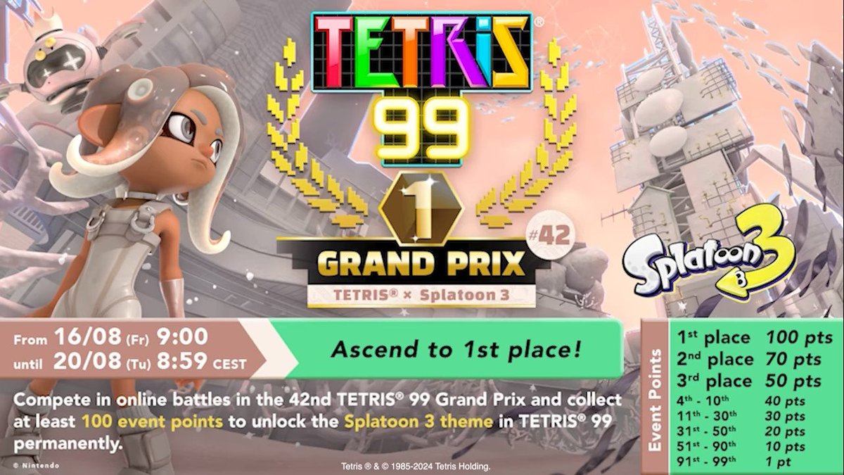 markbace's tweet photo. TETRIS 99 x Splatoon 3 Grand Prix weekend is here. 100 points collected for this theme. #Tetris99 #Splatoon3 https://t.co/JnY5TAieNt