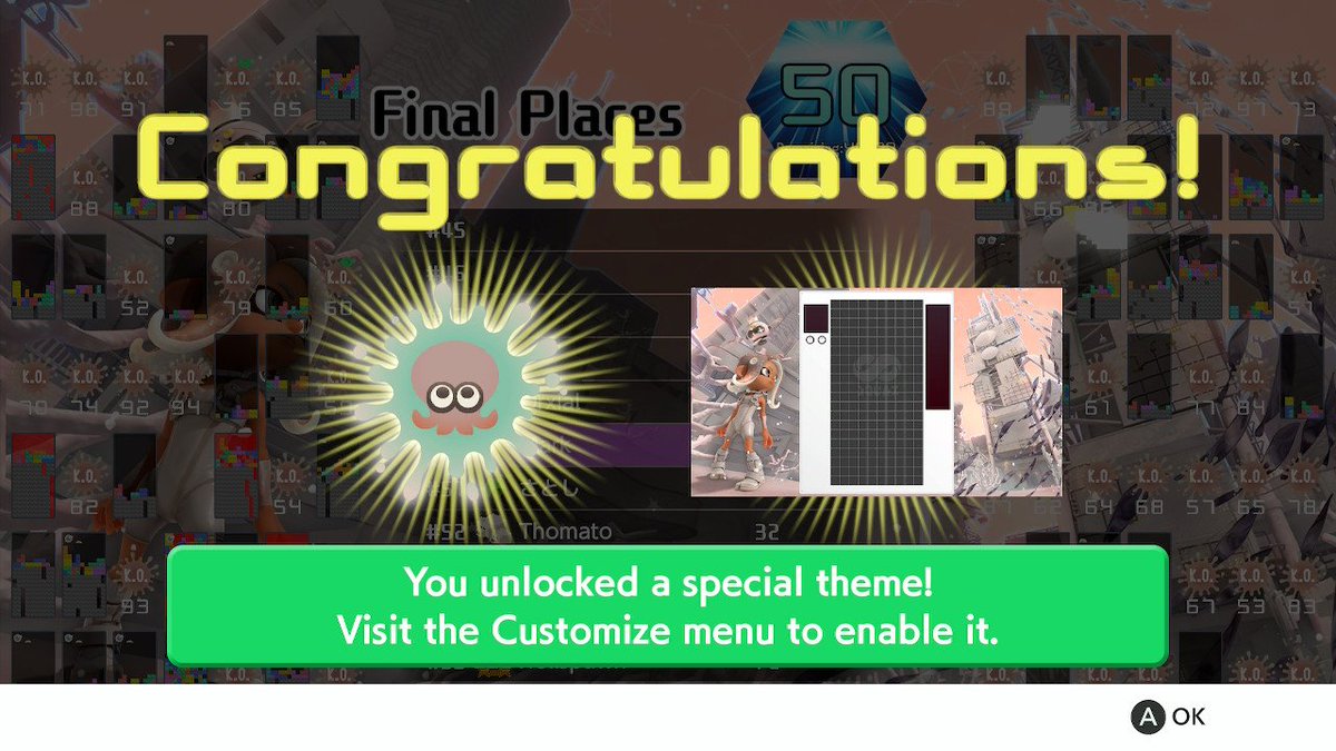 markbace's tweet photo. TETRIS 99 x Splatoon 3 Grand Prix weekend is here. 100 points collected for this theme. #Tetris99 #Splatoon3 https://t.co/JnY5TAieNt