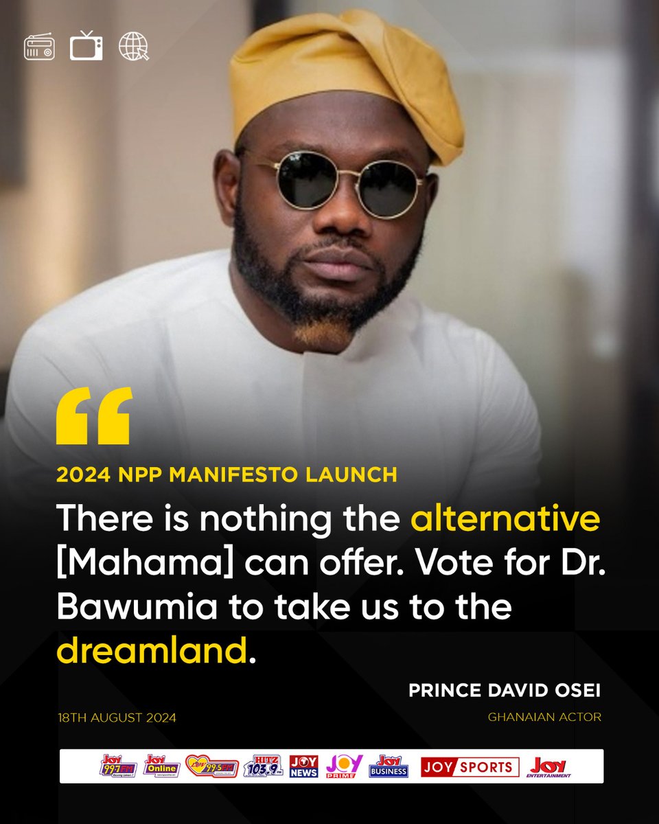 JoyNewsOnTV's tweet photo. There is nothing the alternative [Mahama] can offer. Vote for Dr. Bawumia to take us to the dreamland - Prince David Osei.

#ElectionHQ https://t.co/UoGQyikAtL