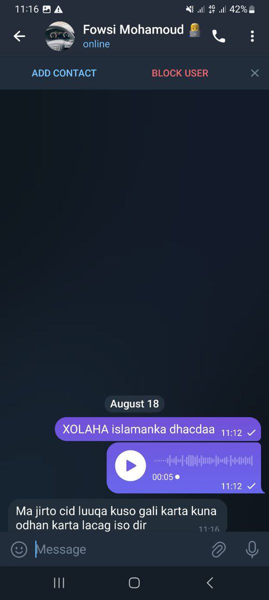 FowsiDayib's tweet photo. 🚨Digniin 🚨

Ani ma bixiyo wax courses crypto ku saabsan, lacagna dadka uguma shaqeeyo, anaa noloshaydii kale waqti ula’😄.

Telegram usernamekayga saxda ah waa (fowsi88). Wixii sheeko scammers idiinla yimaadda BLOCK + REPORT isu raaciya.

Mahadsanidiin awoowayaal🫡. https://t.co/aKI6szzaqN