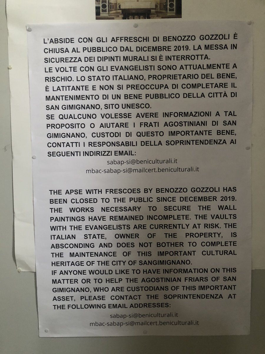 marcoforn's tweet photo. Attenzione #Twitterutile o #xutile
Per quelli che conoscono il ministro della cultura, ditegli che c’è da risolvere una vexata quaestio a san Gimignano. Nelle foto c’è luogo e richieste dei restauratori.
Una cappella di Benozzo Gozzoli da restituire a fedeli e amanti dell’arte. https://t.co/rEPZl06ZHG