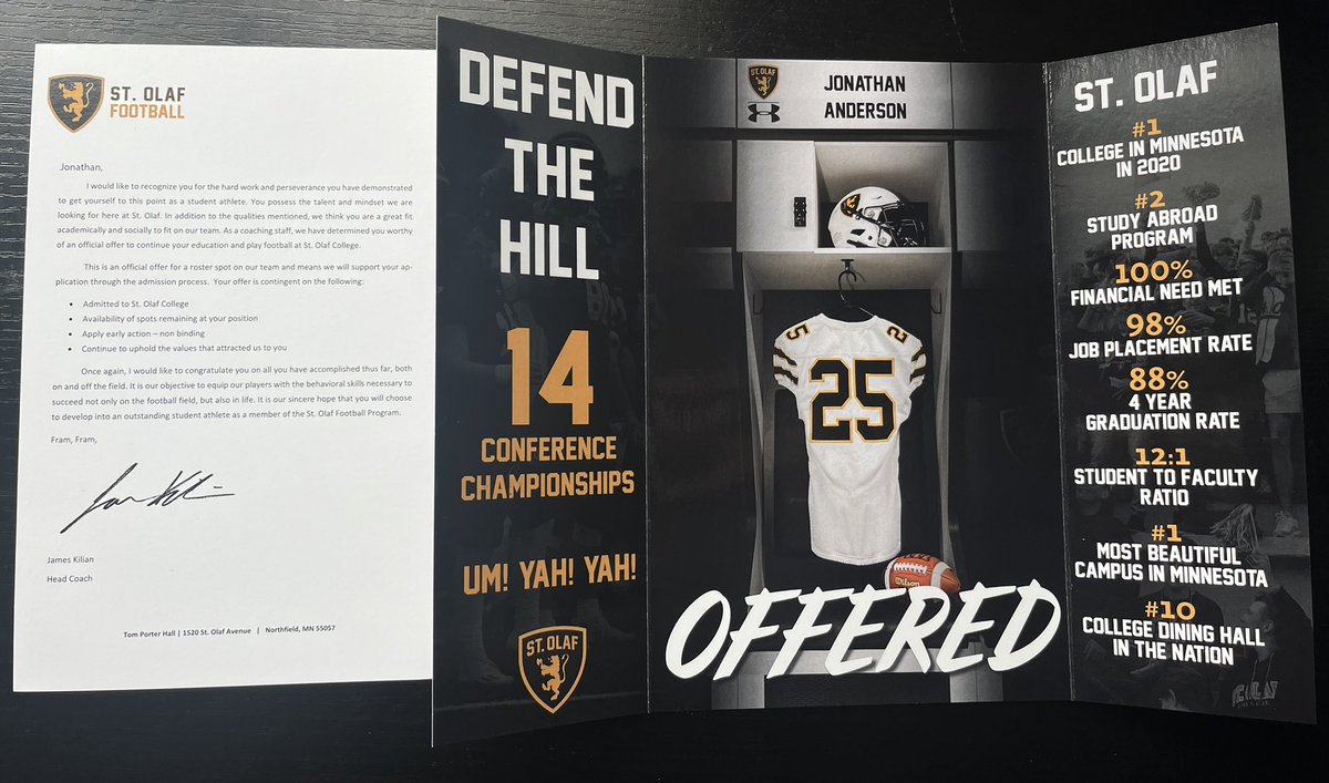 #AGTG , After a great conversation with <a href="/CoachMoonen/">Tony Moonen</a> I am blessed to receive my first offer from <a href="/StOlafFB/">St. Olaf Football</a> 🙏 <a href="/CorsairsFB/">Carmel Football</a> <a href="/Jmack37/">Jason McKie</a> <a href="/mkleinschrodt20/">Mitchell Kleinschrodt</a> <a href="/CoachLucasKlein/">Lucas Kleinschrodt</a> <a href="/StolafRBC/">Eric Pulley</a> <a href="/JamesKilian/">James Kilian</a>