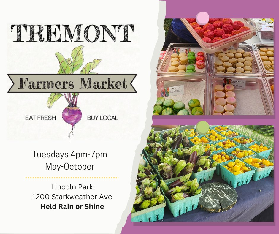 Join us later today from 4-7 pm at the Tremont Farmers Market, hosted by <a href="/TremontWest/">Tremont West (TWDC)</a>. Come get your fresh fruits and vegetables from C &amp; K Farms, and treat yourself to some delicious strawberry cheesecake macarons from Passion At Midnight Macarons!