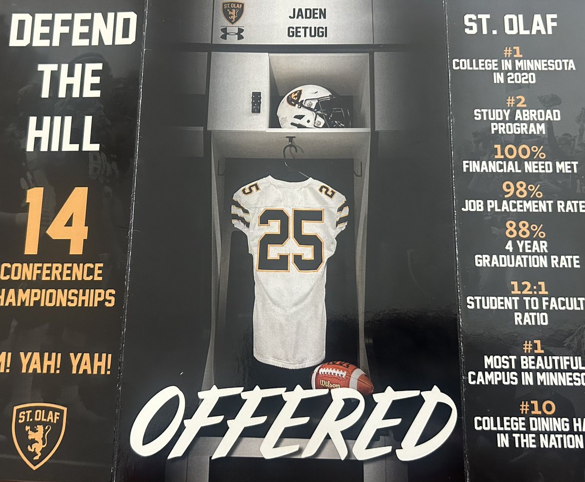 Jaden Getugi (@jadengetugi) on Twitter photo Blessed to receive an offer from St. Olaf!
<a href="/StOlafFB/">St. Olaf Football</a> <a href="/StmaFB/">Knights Football</a> <a href="/JamesKilian/">James Kilian</a> <a href="/StolafRBC/">Eric Pulley</a> <a href="/CoachLucasKlein/">Lucas Kleinschrodt</a> <a href="/TNTACADEMY1/">TNTACADEMYSP</a> <a href="/PrepRedzoneMN/">Prep Redzone Minnesota</a> <a href="/OJW_Scouting/">PrepRedzone Oliver</a> <a href="/NWahlScouting/">Nate Wahl</a> Blessed to receive an offer from St. Olaf!
<a href="/StOlafFB/">St. Olaf Football</a> <a href="/StmaFB/">Knights Football</a> <a href="/JamesKilian/">James Kilian</a> <a href="/StolafRBC/">Eric Pulley</a> <a href="/CoachLucasKlein/">Lucas Kleinschrodt</a> <a href="/TNTACADEMY1/">TNTACADEMYSP</a> <a href="/PrepRedzoneMN/">Prep Redzone Minnesota</a> <a href="/OJW_Scouting/">PrepRedzone Oliver</a> <a href="/NWahlScouting/">Nate Wahl</a>