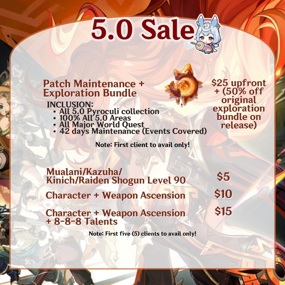 theknavepilot's tweet photo. ♡ the knave pilot limited sale ♡

genshin impact version 5.0 is coming soon so i'm opening up to 6 discounted slots for the first 6 clients to avail before servers are up, with up to 50% off the original rate !

fill up this form to reserve a slot: https://t.co/qGZKrFYJO1 https://t.co/5J52PNld1H