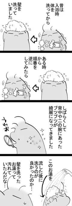 四コマ「順番大事」
背中や二の腕のブツブツ、実は色々種類があるらしいので、万人に効く方法ではないと思います。
でも順番を変えるだけなら特にデメリットもないでしょうから、興味ある方は試してみて下さい。

#四コマ漫画 #御かぞくさま御いっこう 