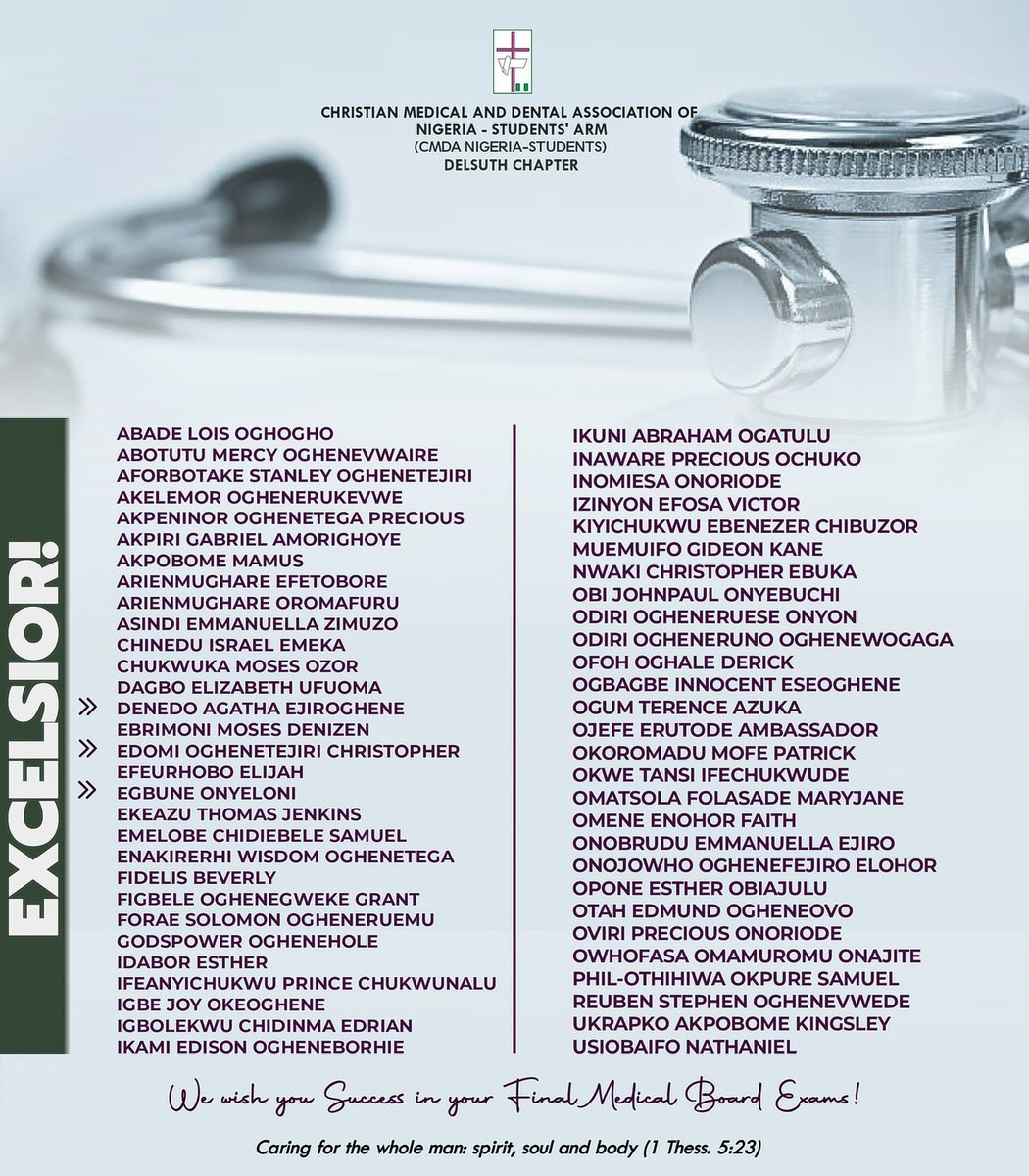 To the 600L medical students of Delta State University (@abraka_delsu; <a href="/official_dumsa/">DUMSA🐐🩺</a>), Abraka, Nigeria, who will be starting their Part IV (Final) MBBS Professional Examination Tomorrow, August 19th, 2024:

We wish you all success in your exams. May God crown your hard work
