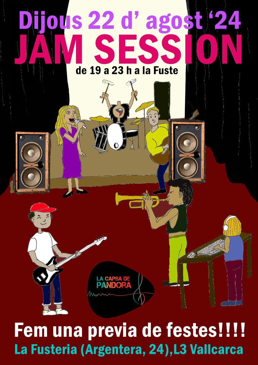 🎶 Dijous 22 d'agost Jam Session a la Fusteria (C/ Argentera 24)
⏰ De 19.00 h a 23.00 h
