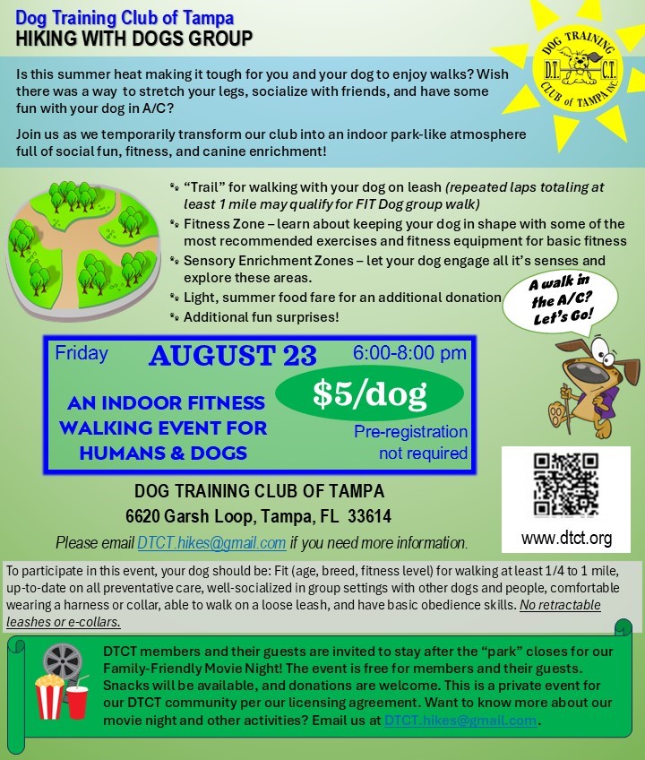 DTCTampa's tweet photo. Beat the summer heat! Join us Friday, Aug 23rd, 6-8 pm for an indoor park-like atmosphere with fitness, enrichment &amp; fun for you and your dog! 

After: Members &amp; their guests can stay for Family Movie Night!

#DogTraining #DogFitness #TampaDogs #FamilyFriendly #DogEvents https://t.co/5g5mhAWdpS