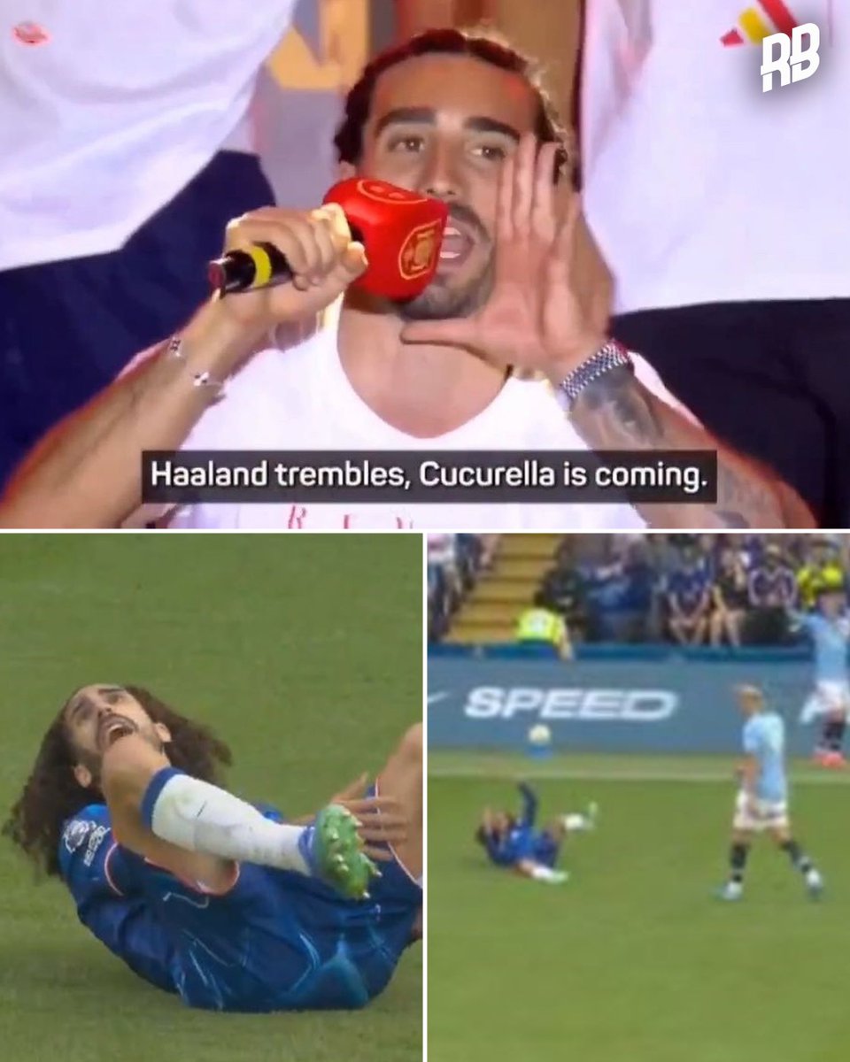 RisingBallers_'s tweet photo. Football is so scripted 😭 Cucurella went from singing this to getting cramp &amp; asking Haaland to help him. Bro just walked straight past him and started laughing 🤣 I love this game. https://t.co/dE8SAEqpBp