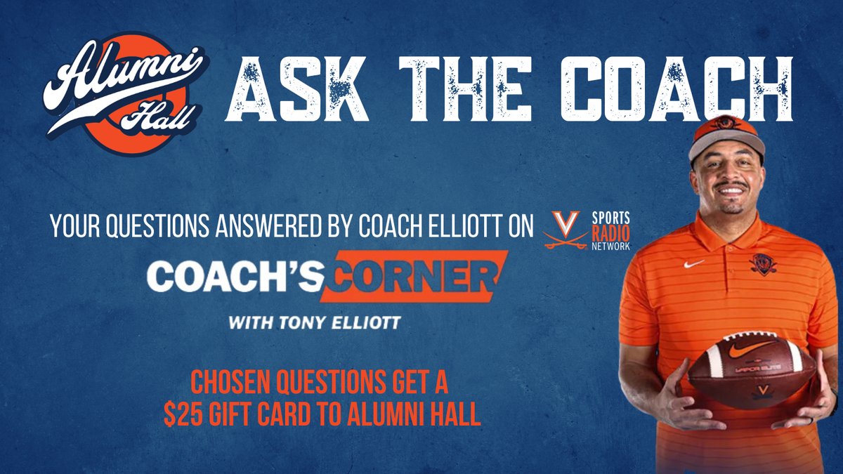 Cavaliers, drop your questions for <a href="/Coach_TElliott/">Tony Elliott</a> below and if your question gets picked, you win a $25 Alumni Hall gift card! 🎉  <a href="/UVAVSP/">Virginia Sports Properties</a>