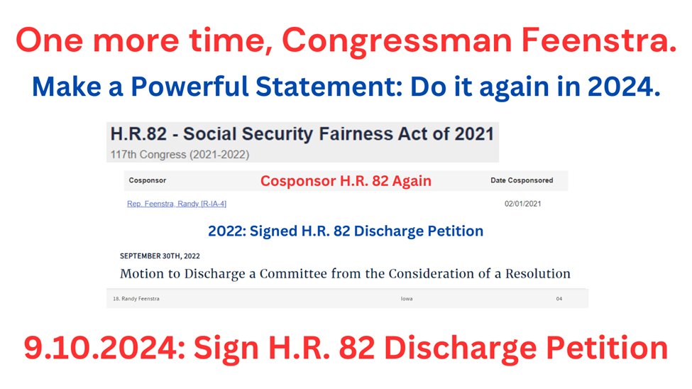 RepealWEP_GPO's tweet photo. 2024 - @RepFeenstra, we're counting on you - to confirm your commitment to the same bill as the 117th Congress - #CosponsorHR82Again.
Sign the #HR82DischargePetition to stop the #lawfulrobbery of our Social Security benefits. https://t.co/fKvJjv04nj