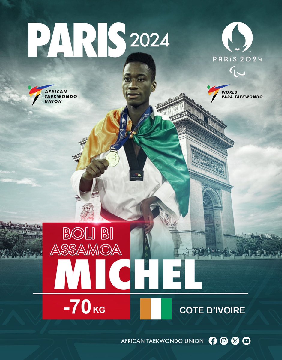 AFTU_Taekwondo's tweet photo. Good luck 🥇BOLI BI MICHEL 🇨🇮
#worldtaekwondo #WorldParaTaekwondo #africantaekwondounion #ParalympicGames #Paris2024 #ParaTaekwondo #Aftu #grandpalaisparis https://t.co/F5R7R1RU7h