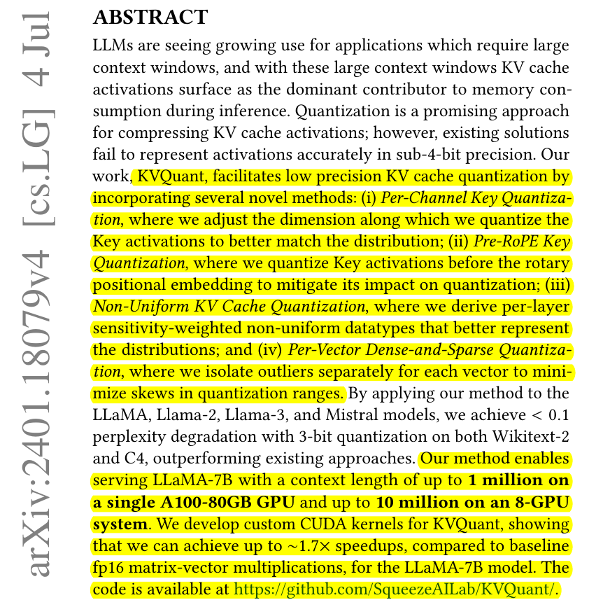 rohanpaul_ai's tweet image. Want to serve the LLaMA-7B with a context length of up to 1 million on a single A100-80GB GPU and up to 10 million on an 8-GPU system 🔥

🗞️ Paper - &quot;KVQuant: Towards 10 Million Context Length LLM Inference with KV Cache Quantization&quot;

📌 The existing problem - LLMs are seeing…