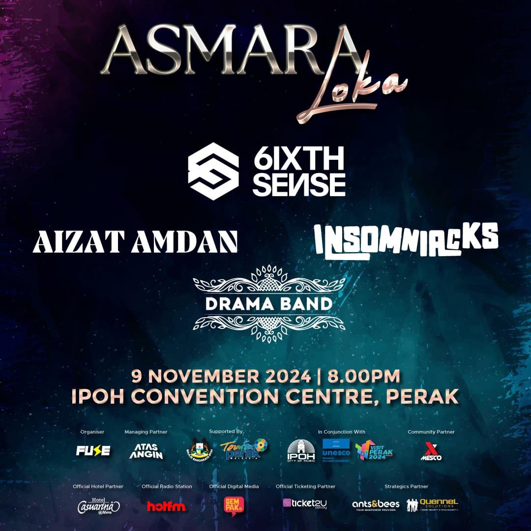 MohKeIpoh's tweet photo. Untuk pertama kalinya ASMARALOKA akan berlangsung di Ipoh &amp; akan menampilkan barisan artis 6ixth Sense, Aizat Amdan, Drama Band &amp; Insomniacks di satu pentas. Moh Kita!

Link tiket : https://t.co/5KhrkbYWD9 https://t.co/Gsr9gmhtYJ