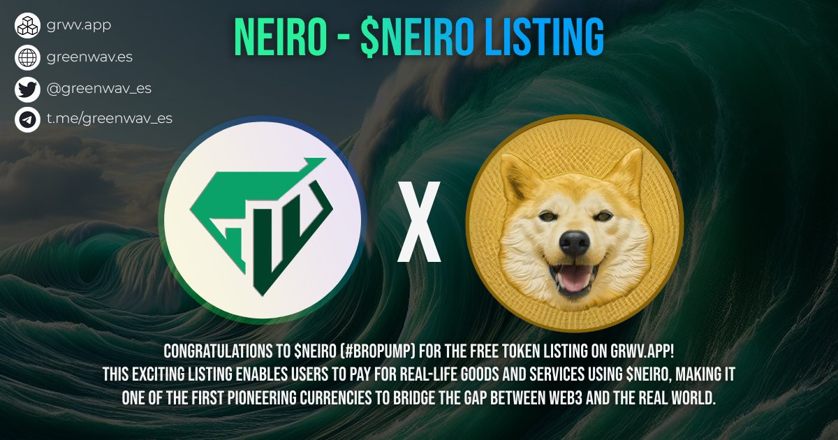 greenwav_es's tweet photo. NEIRO - $NEIRO #BROPUMP IS ON!  

Welcome @NeiroWoof to https://t.co/rSXMGBNlUn! 

Congratulations to $NEIRO for the Free Token listing! 
Dedicated token page: https://t.co/7b5tP80t7D

This exciting listing enables users to pay for real life goods and services using $NEIRO, making it one of the first Pioneering currencies to bridge the gap between web3 and the real world!  

$NEIRO is now more than just a DEX Tradeable coin!  Use $NEIRO to receive payments, create checkouts, shops and pay via $NEIRO on https://t.co/rSXMGBNlUn!