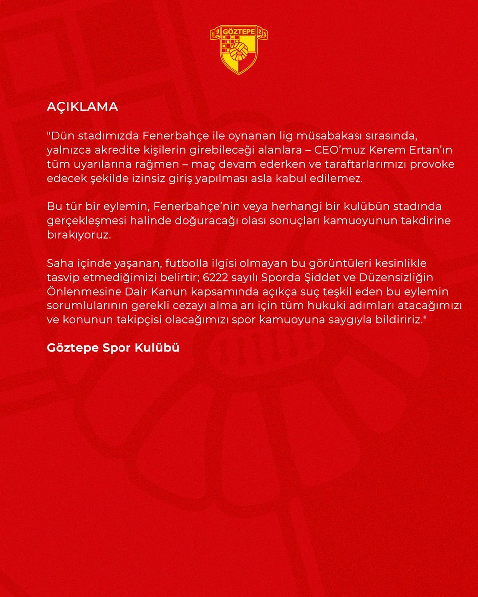 AÇIKLAMA

Dün stadımızda Fenerbahçe ile oynanan lig müsabakası sırasında, yalnızca akredite kişilerin girebileceği alanlara – CEO’muz Kerem Ertan’ın tüm uyarılarına rağmen – maç devam ederken ve taraftarlarımızı provoke edecek şekilde izinsiz giriş yapılması asla kabul edilemez.