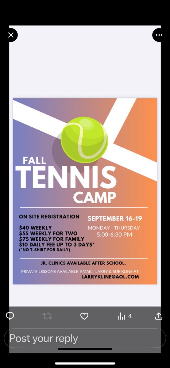 jfbernard01's tweet photo. If your child is interested in tennis, please come out for these 2 sessions in September! https://t.co/CHWmRd4AqR