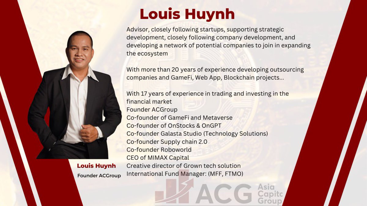 namblockchain's tweet photo. Advisor, closely following startups, supporting strategic development, closely following company development, and developing a network of potential companies to join in expanding the ecosystem

With more than 20 years of experience developing outsourcing companies and GameFi, Web App, Blockchain projects...

With 17 years of experience in trading and investing in the financial market
Founder ACGroup
Co-founder of GameFi and Metaverse
Co-founder of OnStocks & OnGPT
Co-founder Galasta Studio (Technology Solutions)
Co-founder Supply chain 2.0
Co-founder Roboworld
CEO of MIMAX Capital
Creative director of Grown tech solution
International Fund Manager: (MFF, FTMO)