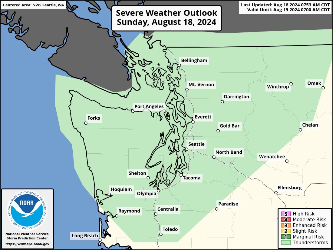 Alright storm lovers, you're in for more action today! ⛈️

Another disturbance will trigger showers and thunderstorms late this morning and afternoon. Best chance will be west of I-5, but a cell or two could form north of I-90. Coverage will not be as widespread today.

#wawx