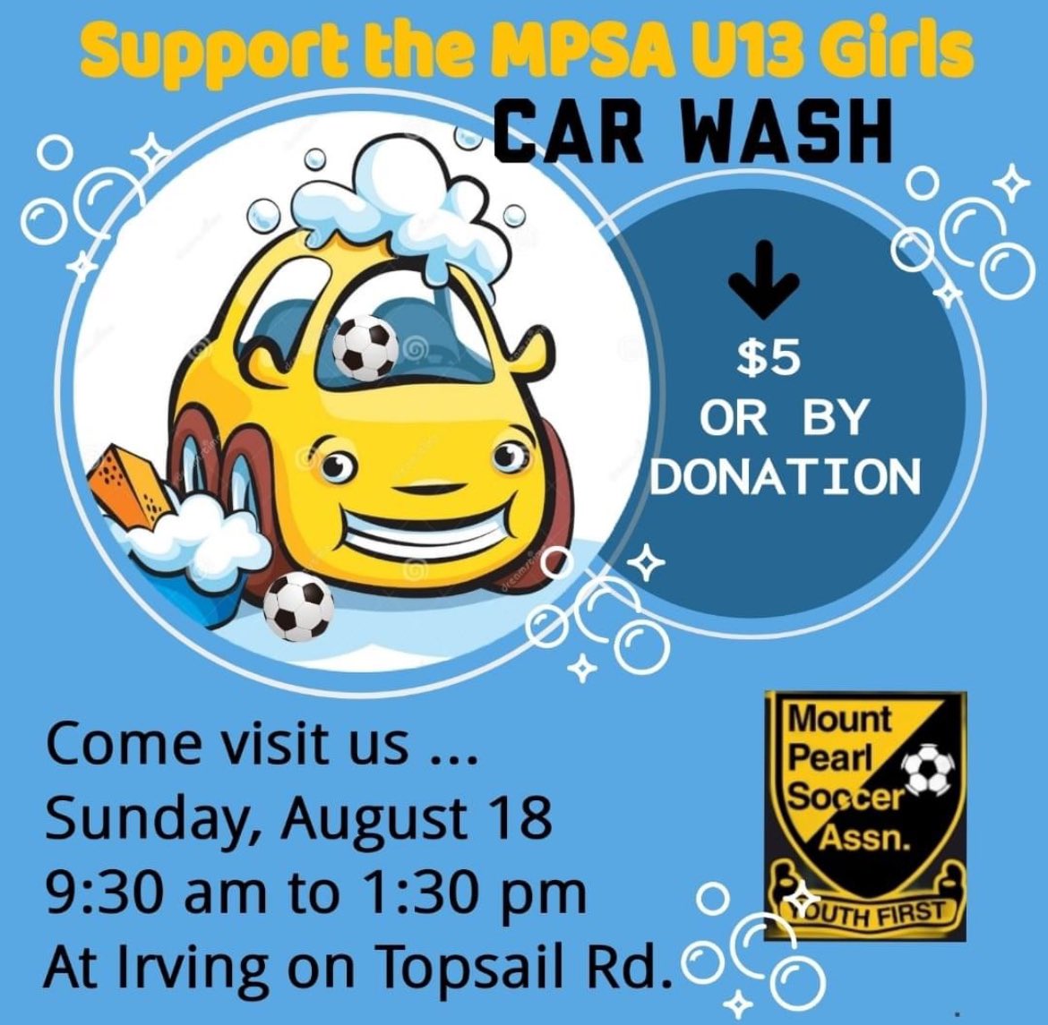 nicoledms's tweet photo. Mount Pearl girls under 13 soccer car wash!! Topsail Rd. Irving! @947ozfm @975krock @590VOCM @Hits991FM https://t.co/M2YzCrjdwu