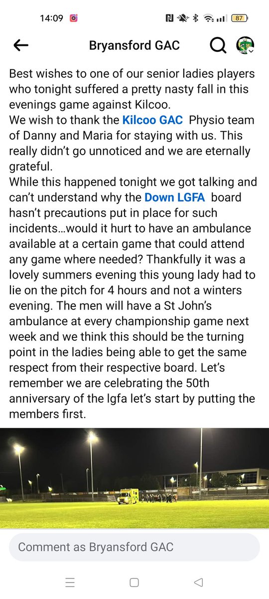 bryansfordgaa's tweet photo. Best wishes to one of our senior ladies players who tonight suffered a pretty nasty fall yesterday.
We wish to thank the kilcoo Physio team of Danny and Maria for staying with us. This really didn’t go unnoticed and we are eternally grateful. 
#lgfa #50yearsoflgfa https://t.co/VM3Vyvq7q3