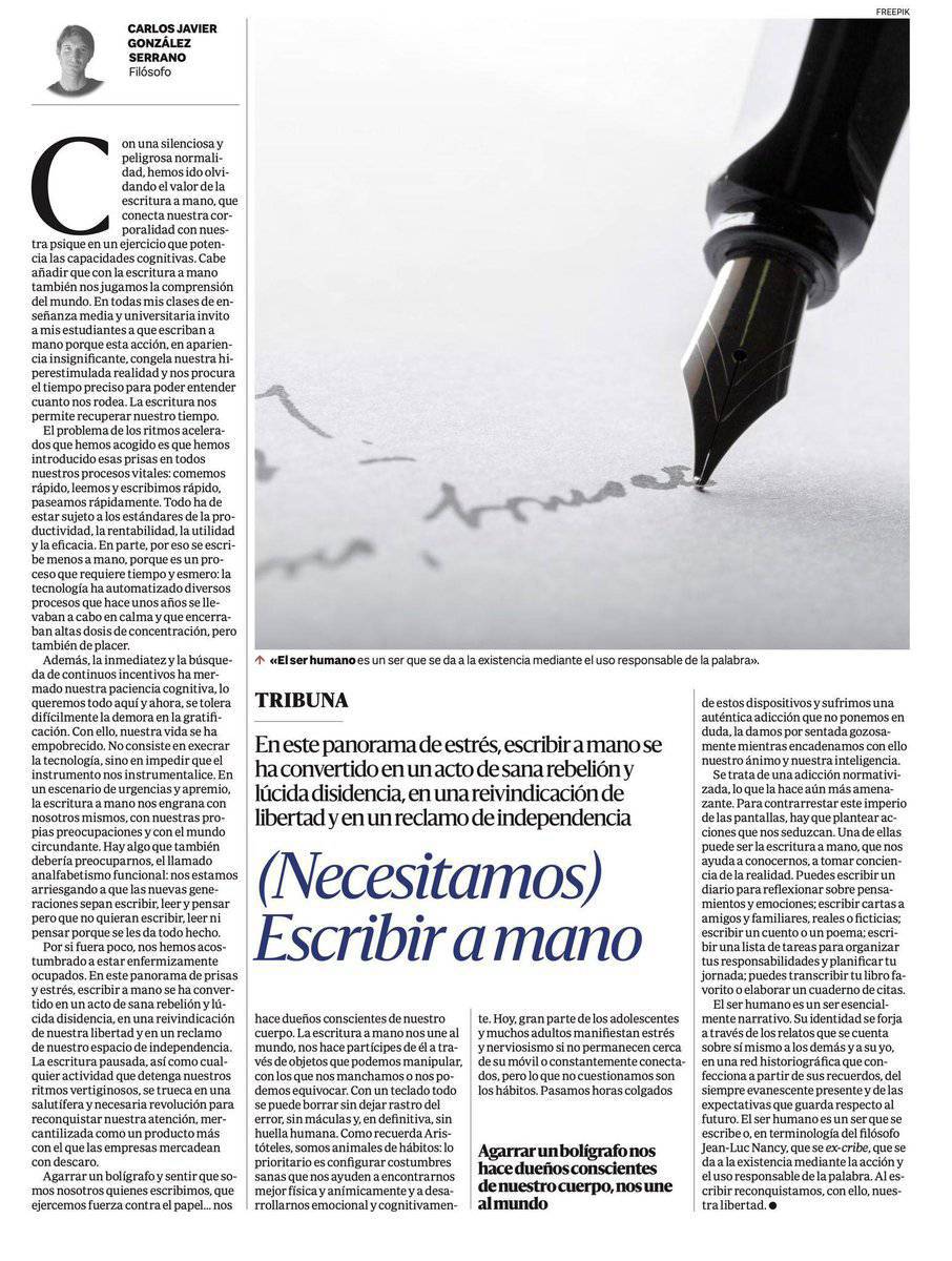 Necesitamos escribir a mano

Aunque lus estudios no son concluyentes podría mejorar algunos procesos cognitivos: memoria, profundidad reflexión, aprendizaje,..