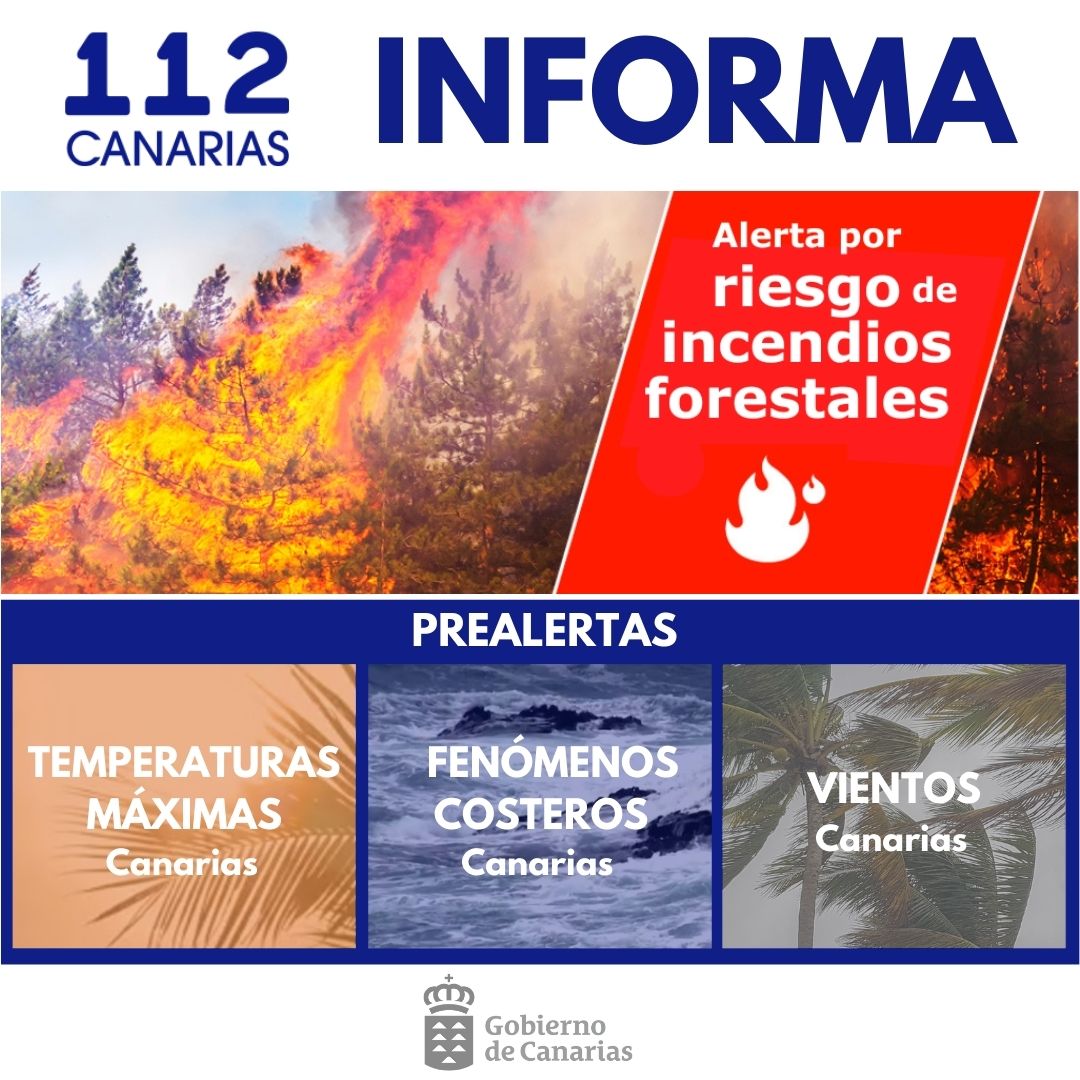 112canarias's tweet photo. 📢Atención a los avisos vigentes

🔥#AlertaRiesgoIF en #GranCanaria #Tenerife #LaPalma #LaGomera #ElHierro

☀️#PrealertaAltasTemperaturas en #Canarias

🌬️#PrealertaViento en #Canarias

🌊#PrealertaFenómenosCosteros en #Canarias

Más información y consejos:
https://t.co/DUI83vWqVE https://t.co/etSNgLoMMP
