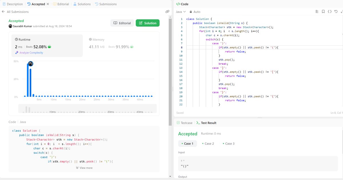 Sadharan_Coder's tweet image. Hi everyone, as part of my Java learning, the next @LeetCode problem Valid Parentheses in Java. Had to look through @geeksforgeeks article for Stack class in Java. Made mistake of using getAt instead of charAt for accessing chars of a string. And learnt to use Switch in Java