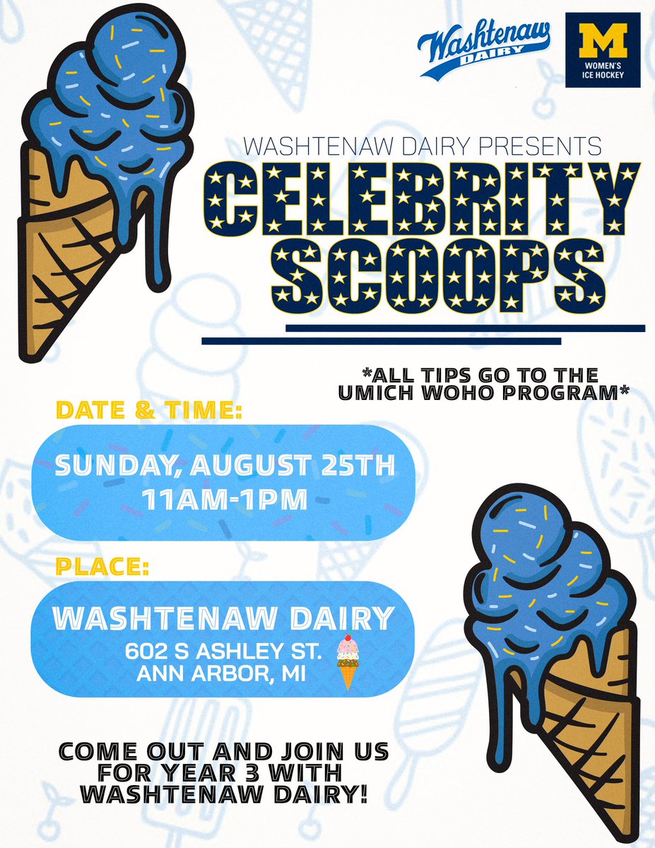 umichwhockey's tweet photo. 📣📣We’re BAACK! 📣📣

You heard it on @michiganinsider first!! 👀

Join us in ONE WEEK on Sunday 8/25 from 11AM - 1PM for the 3rd annual @TheAADairy Celebrity Scoops fundraiser. 

Members of #Team29 will be scooping ice cream. All tips directly benefit our program. 

#GoBlue https://t.co/utournTxqa