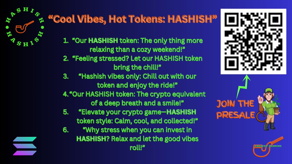 PROJEKTHASHISH's tweet photo. 🚀 HASHISH Token Alert! 🌿
Chill vibes only! Relax with HASHISH—the ultimate crypto calm. 😎💨
#HashishLegends #CryptoChill #Solana #TokenMagic #CryptoCommunity #DeFi #Altcoins #BlockchainLife https://t.co/C0LYF7F7T8