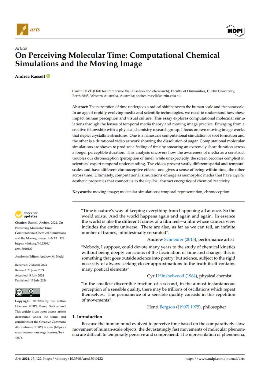 Curtin HIVE (@curtinhive) on Twitter photo Curtin HIVE team member and <a href="/ForrestResearch/">Forrest Foundation</a> Creative Fellow Dr Andrea Rassell has just had a paper published in MDPI Journal "Arts" titled:
"On Perceiving Molecular Time: Computational Chemical Simulations and the Moving Image"
Read the full paper here: mdpi.com/2076-0752/13/4… Curtin HIVE team member and <a href="/ForrestResearch/">Forrest Foundation</a> Creative Fellow Dr Andrea Rassell has just had a paper published in MDPI Journal "Arts" titled:
"On Perceiving Molecular Time: Computational Chemical Simulations and the Moving Image"
Read the full paper here: mdpi.com/2076-0752/13/4…