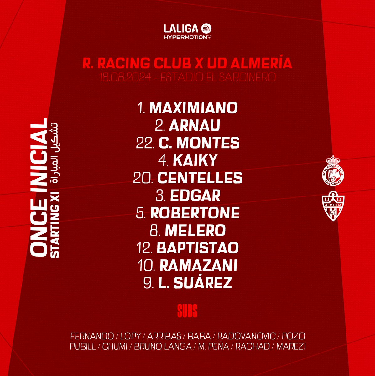 U_D_Almeria's tweet image. 📋 ¡Este es nuestro primer once en la temporada 2024/2025! 🔴⚪️

#VamosAlmería | #RacingAlmería ⚔️ | #UDARadio 📻