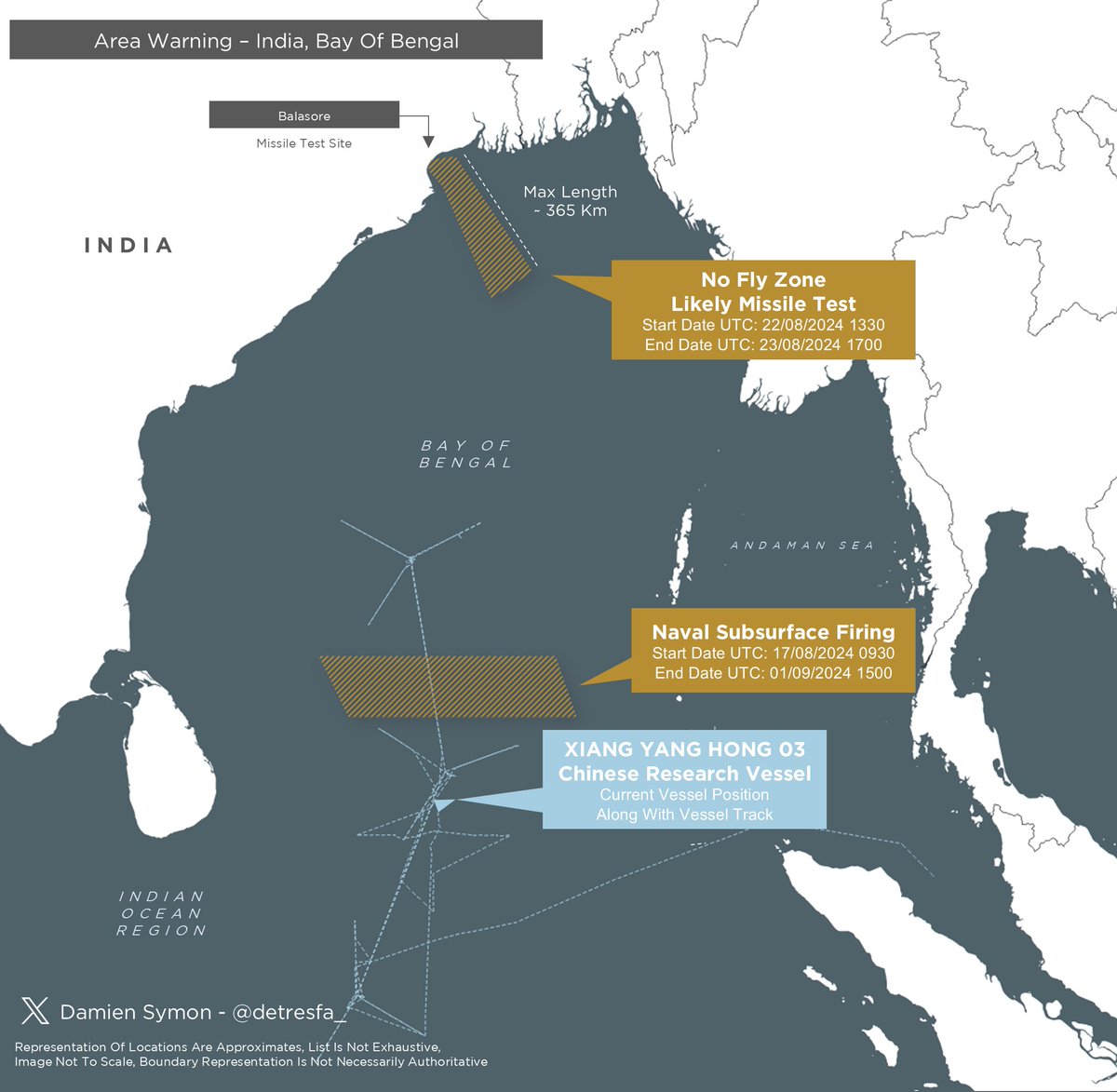 Prakash20202021's tweet image. #AreaWarning 🚨 | India has issued notifications for a no-fly zone and naval firing in the Bay of Bengal region.

📅 Dates: 22-23 Aug 2024 &amp;amp; 
17 Aug - 01 Sep 2024
Interestingly, China's research vessel, Xiang Yang Hong 03, is operating near the naval subsurface firing zone. 🌊