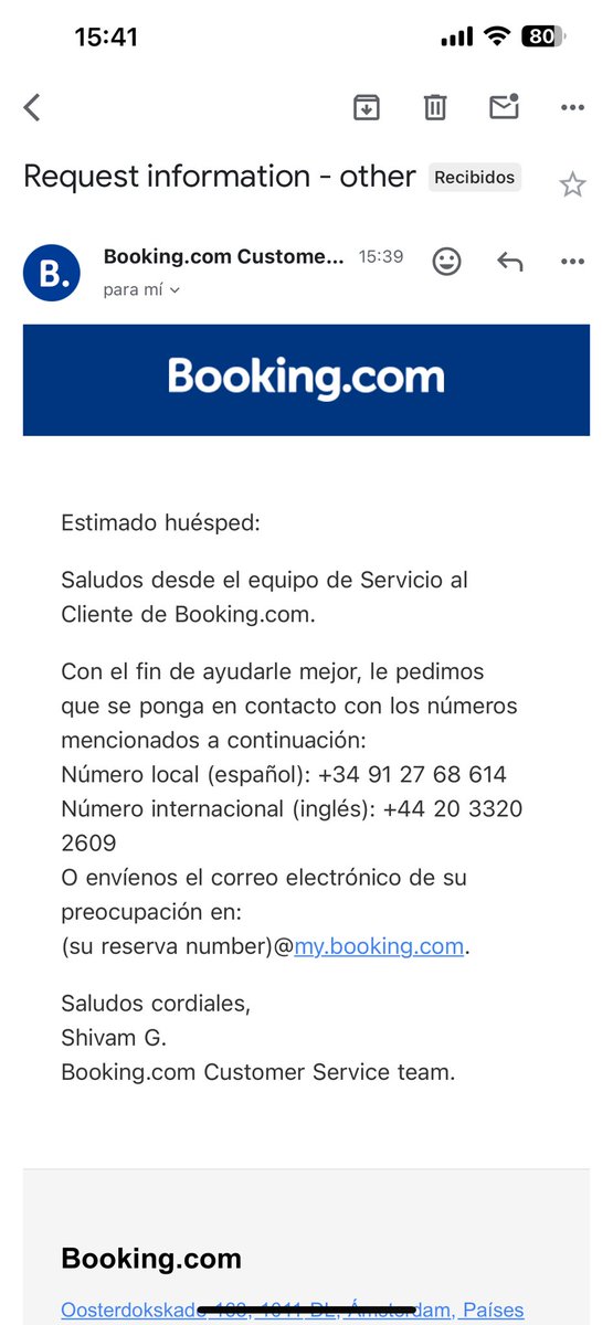 juliodli_'s tweet photo. No sé cuántas veces he respondido a este correo con la misma información una y otra vez. Necesito que @bookingcom me haga reembolso de una reserva que no utilicé, porque nunca me enviaron correo de confirmación. He revisado mi bandeja de entrada y spam y no hay registro. Hilo🧵⬇️ https://t.co/pzXDY3rPEU