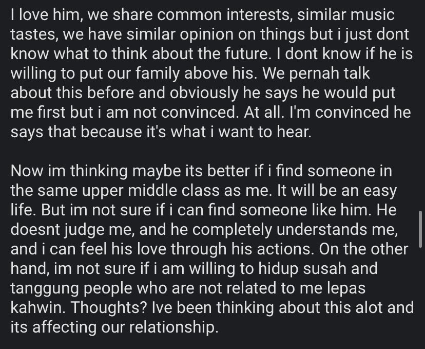 pelisahh's tweet photo. i believe sis anon when she said that she's been thinking about this a lot because all of her concerns are valid valid validddddd!!! it's so refreshing to see this kind of confession. 

faham je anon sedih sebab peribadi bf dah elok serba serbi, cuma financial status tak sekufu https://t.co/x4Sn2XMNWp