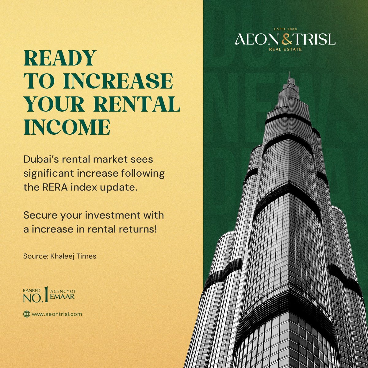 AeonTrisl's tweet photo. Ready to Boost Your Rental Income?
Dubai’s rental market surges after the RERA index update, with rents climbing up to 15%. Don’t miss out – secure higher returns on your investment today! 🏙️💰
#DubaiRealEstate #RentalIncome #InvestmentOpportunity #RERAUpdate #dubai #realestate #rent #rise #high #ROI #income #RERA #update #secure #market