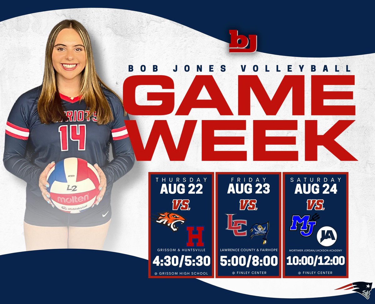 Just days away from being able to see the 2024 Lady Patriots!!! Full weekend of volleyball ahead! ❤️🏐💙
<a href="/bjpatriots/">Bob Jones Athletics</a> <a href="/BobJonesHigh/">Bob Jones Patriots</a>