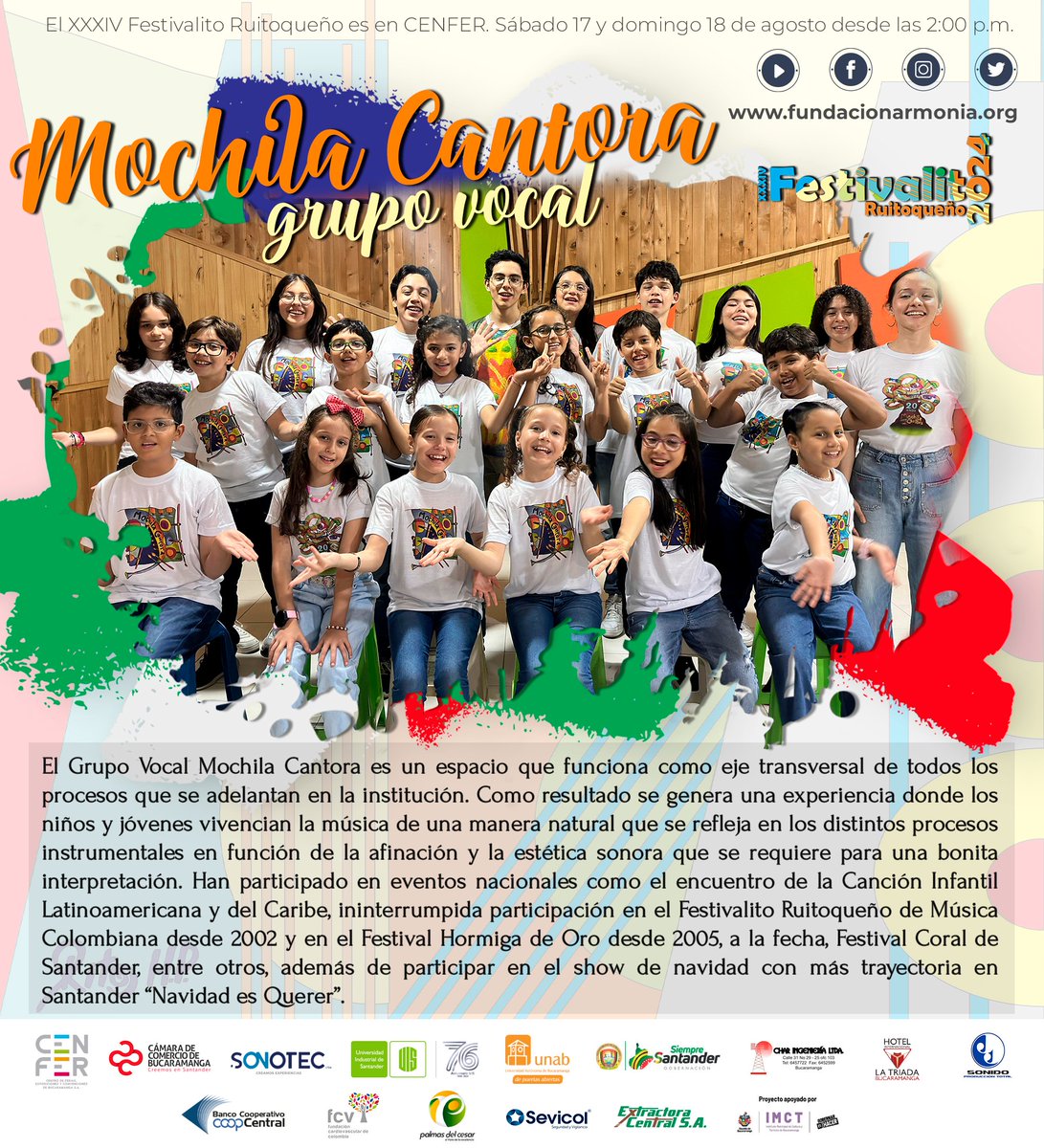 Elfestivalitoo's tweet photo. #Festivalito2024
Mochila Cantora hoy en la edición XXXIV del Festivalito Ruitoqueño. 

¡Los esperamos!
Hoy domingo desde las 2:00 p. m. 
Boletas en la taquilla de #CENFER https://t.co/EYxdFd178O