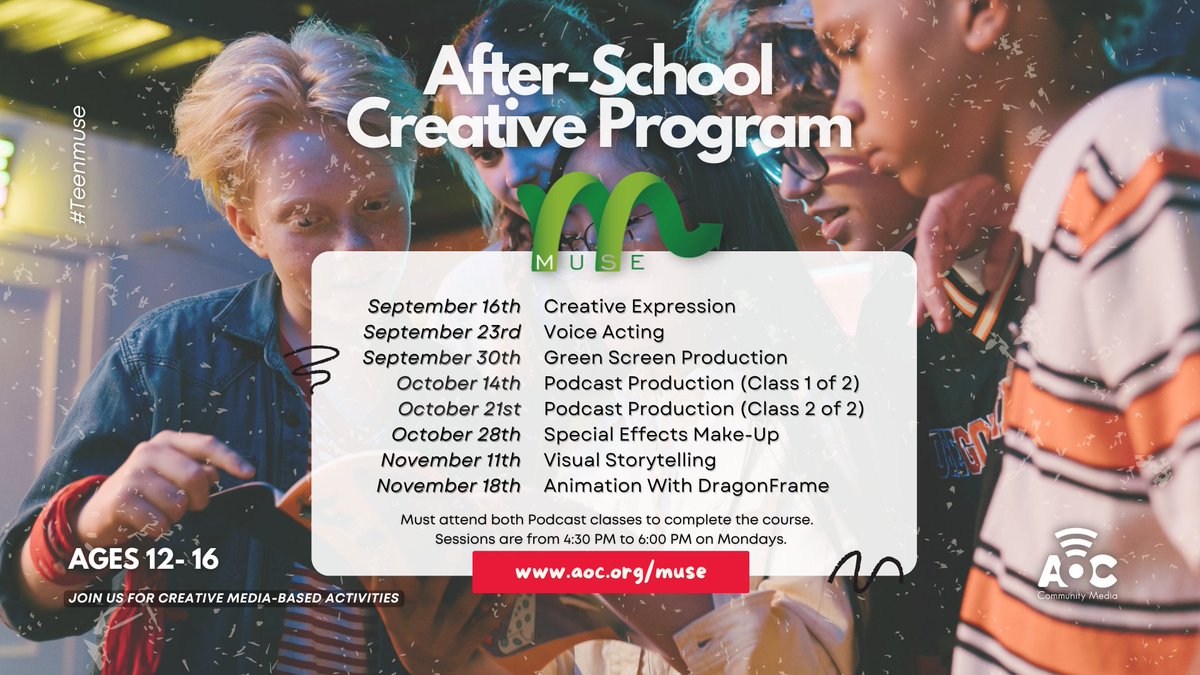 aocinlft's tweet image. 🎨🎥 Hey teens! Ready to unleash your creativity? Join other young visionaries at Teen Muse! 🌟 It&apos;s FREE, fun, &amp;amp; the perfect after-school hangout. Dive into cool media projects with us! Sign up now! #CreateWithAOC #TeenMuse
Learn more &amp;amp; sign-up today  - aocinc.org/muse