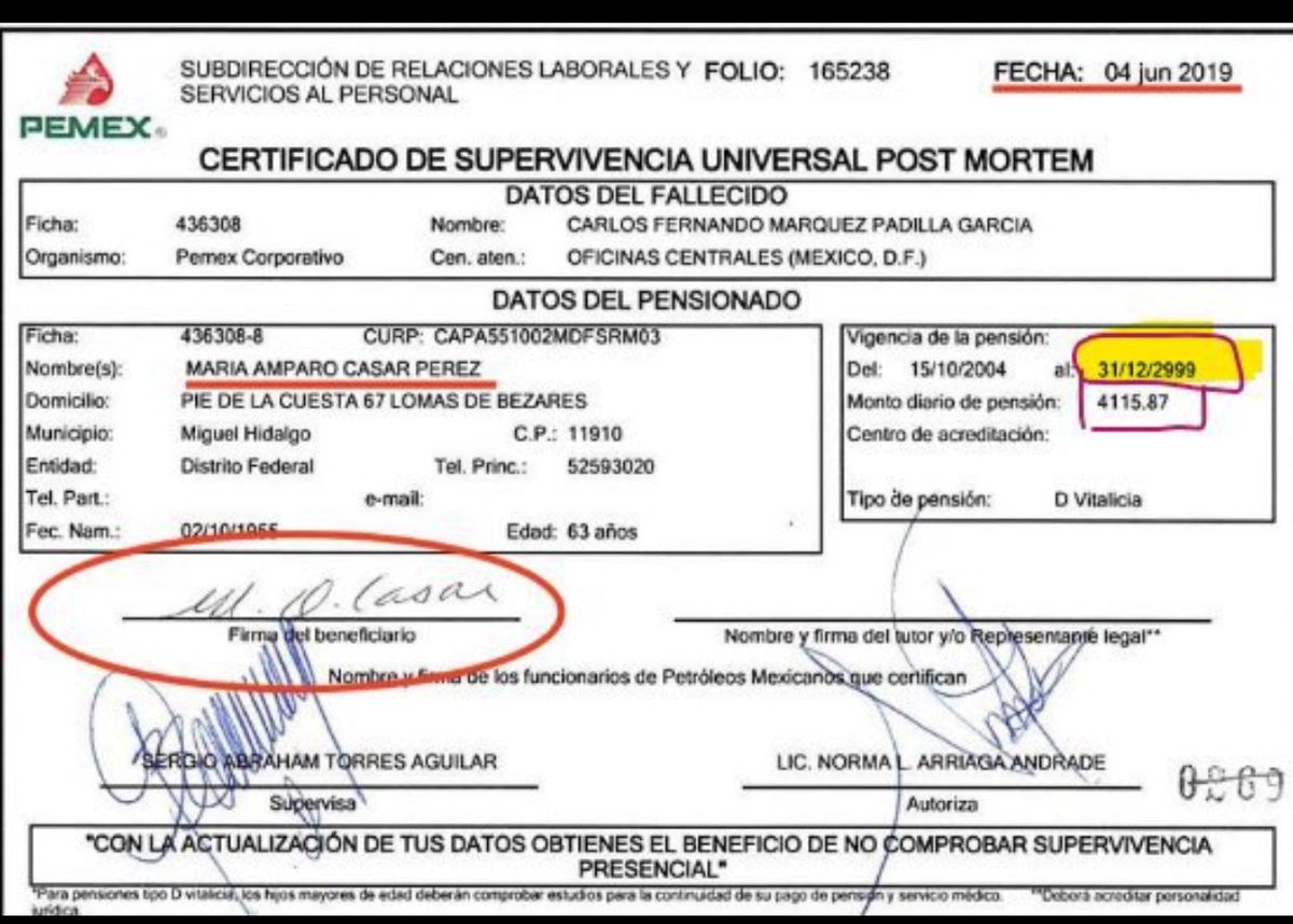 letichelius's tweet photo. Pero hay un juez amigo que la avaló, un funcionario de @Pemex que encubrió y agilizó todo el trámite. Son redes criminales de cuello blanco que hasta han de cobrar algo cada mes de esa pensión. ¿Que juez le concedió el acta de defunción? ¿Que funcionario firmó esto? https://t.co/WAPCUaMjBY
