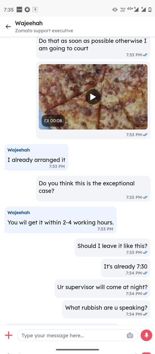 Sidarth48's tweet photo. Is this how u give a customer a support??? I am taking this very seriously and bring this matter to consumer court it's enough for @zomato @deepigoyal. It was late by 12 minutes and the pizza was like freezing cold and it was burnt also. Do u think i should leave like this ?? https://t.co/jqO35bpPhP