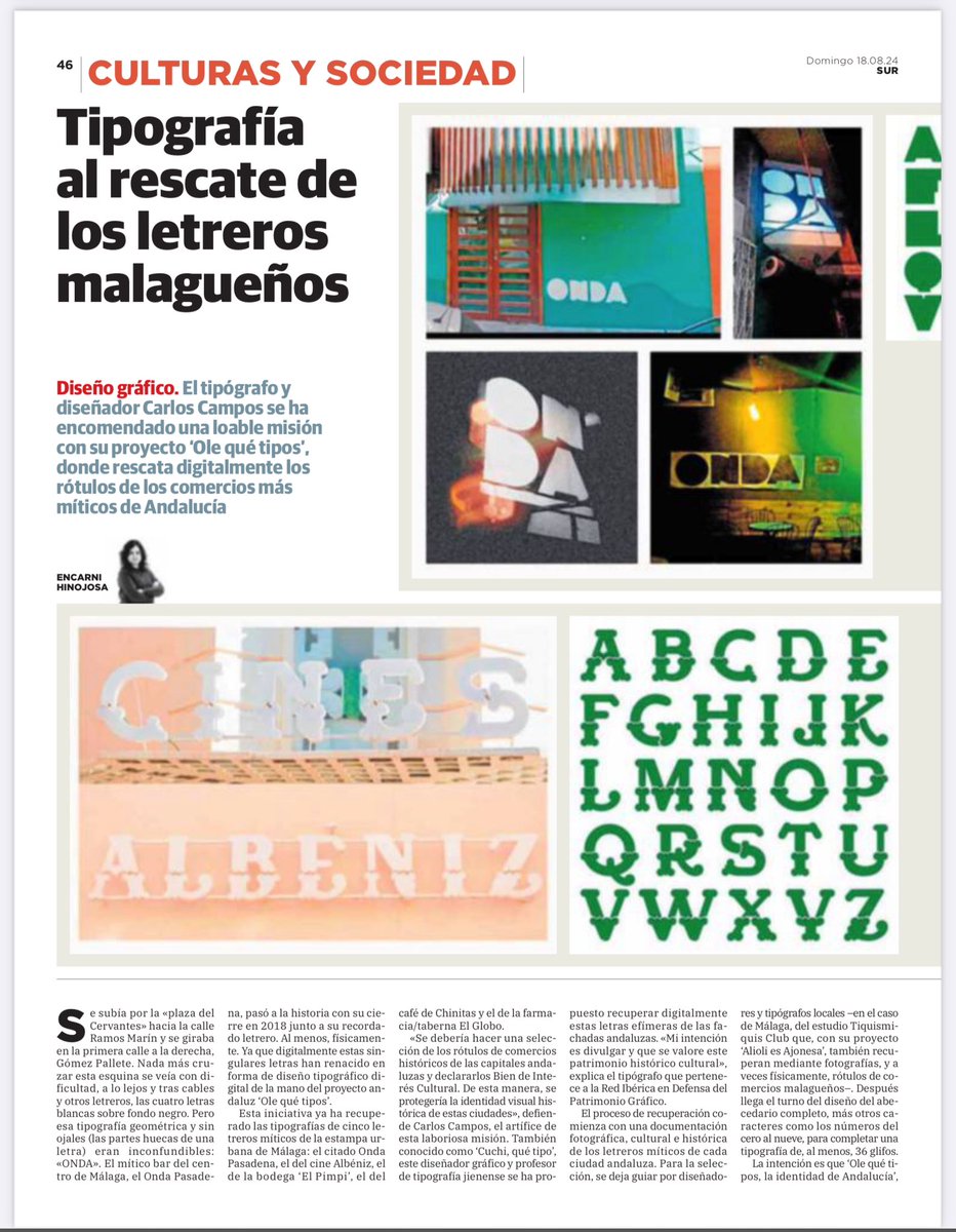 soynachoherrera's tweet photo. Un paseo por la tipografía malagueña. ✍🏼

De la mano de @EncarniHinojosa en el @DiarioSUR , entrevistando al Diseñador Gráfico Carlos Campos. https://t.co/9sbN58oknl